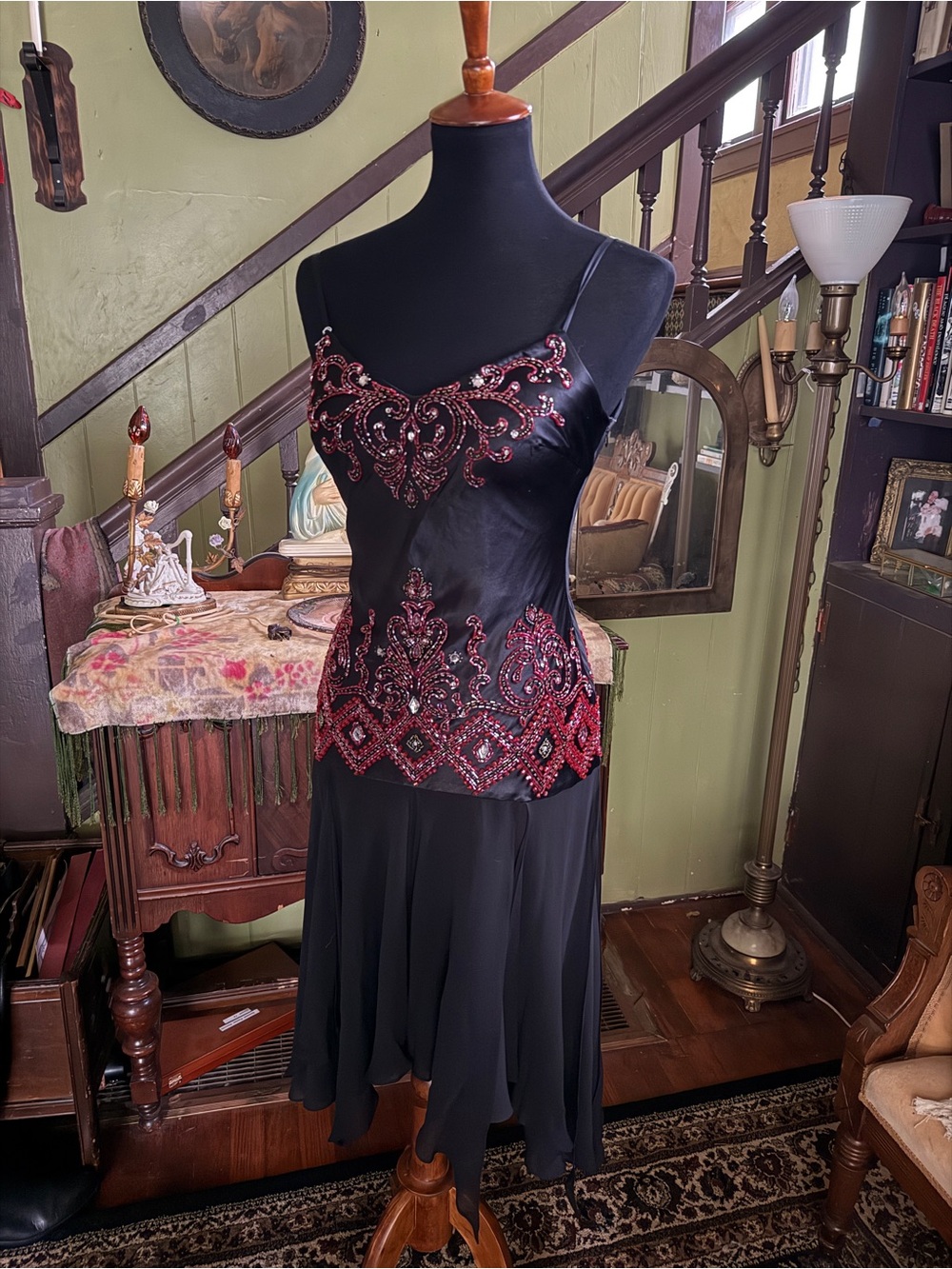 Sue Wong Black Silk Dress with Red Beaded Embroidery